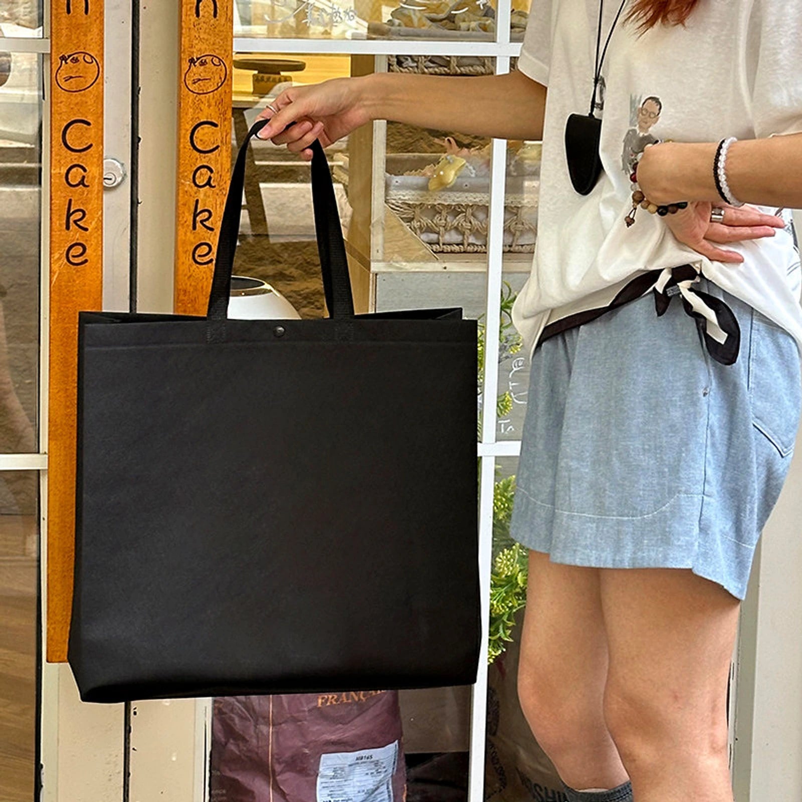 Boutique Non-Woven Tote Bags — 6 Styles — Black Plain
