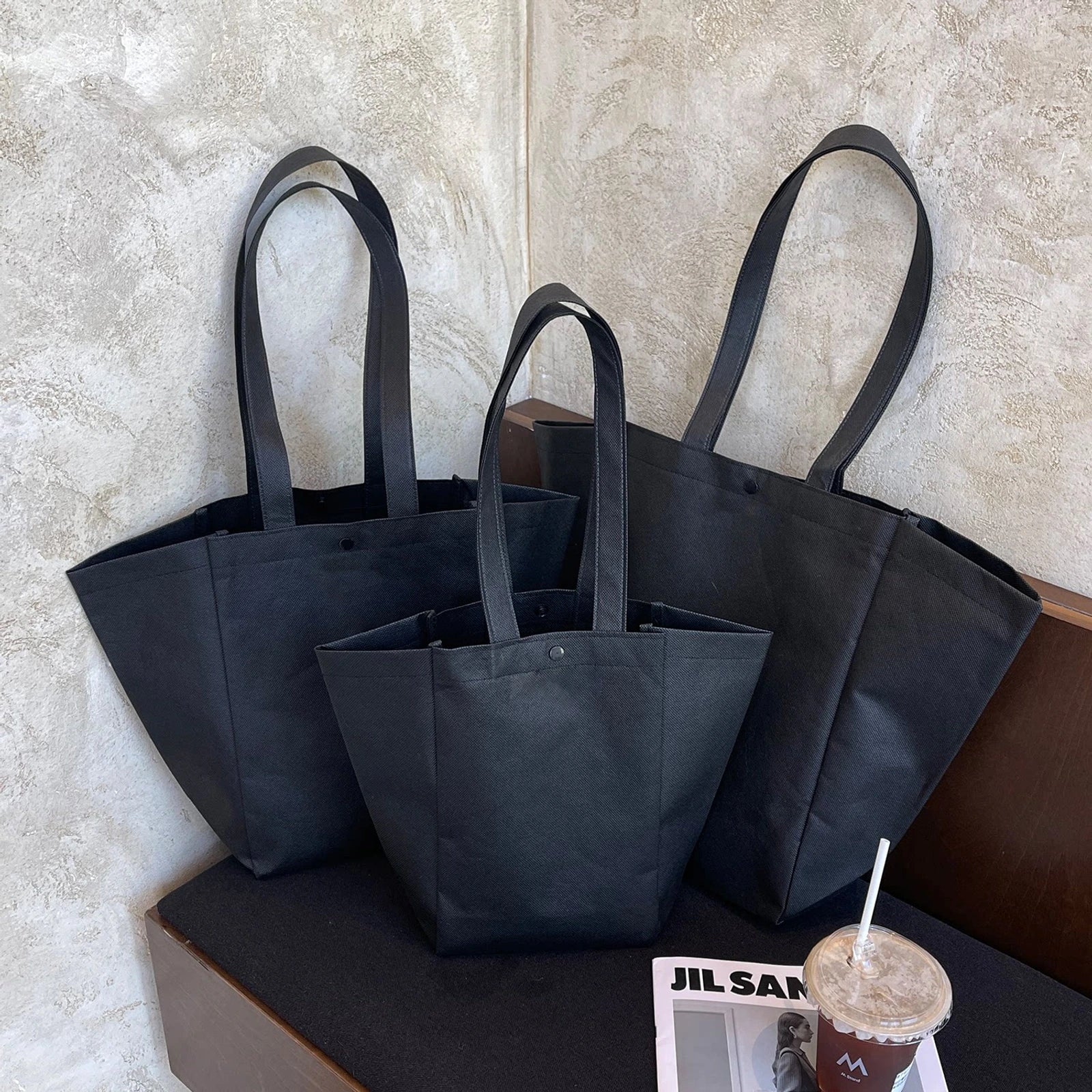 Boutique Non-Woven Tote Bags — 6 Styles — Black Trapezoid Tote