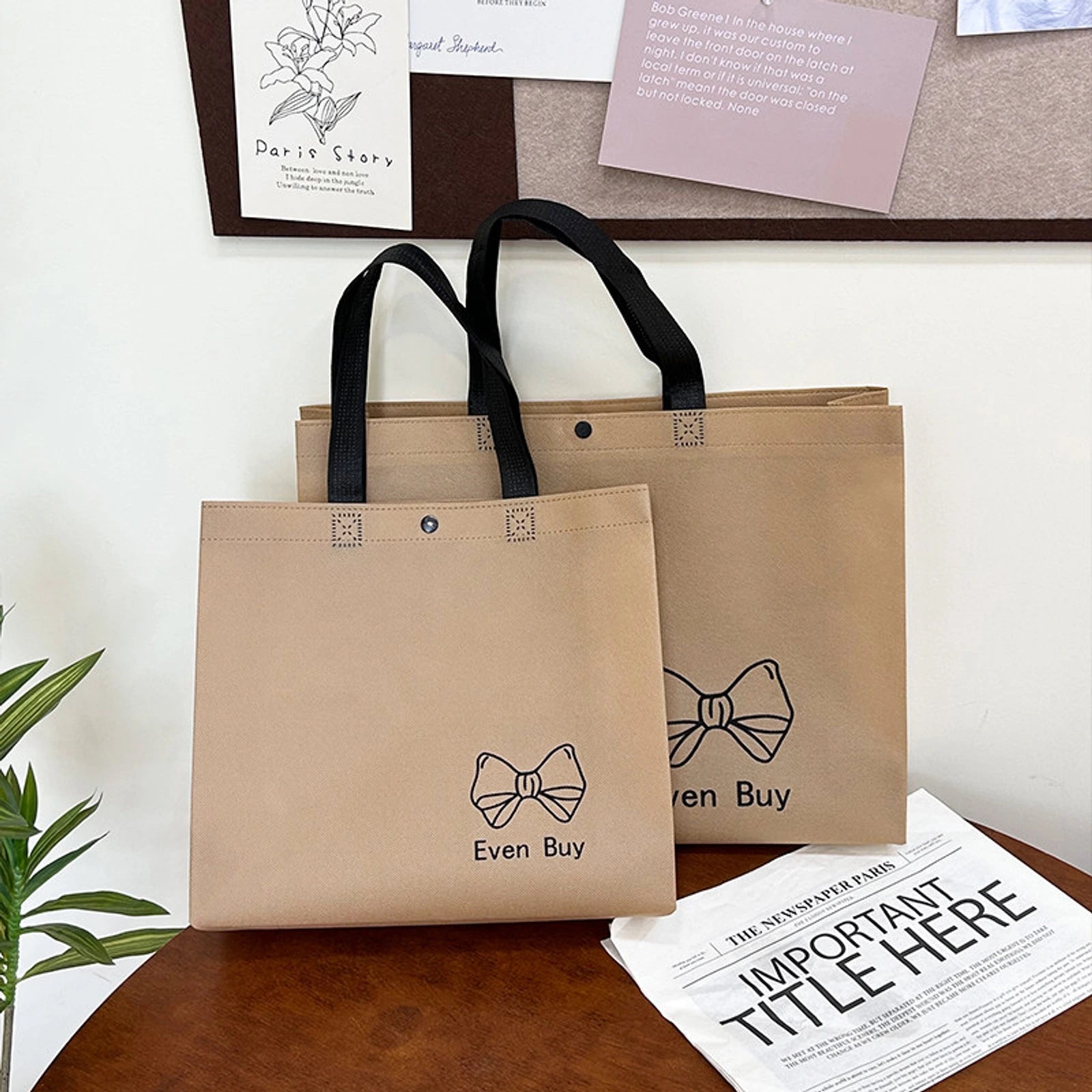 Boutique Non-Woven Tote Bags — 6 Styles — Brown Bow Print Snap — Closure