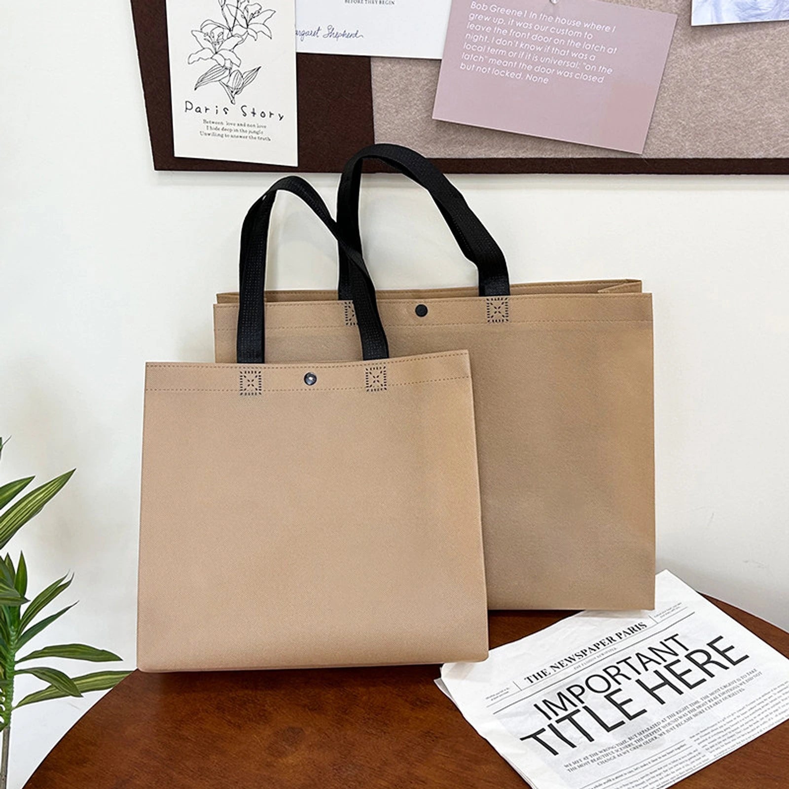 Boutique Non-Woven Tote Bags — 6 Styles — Brown Plain Snap — Closure