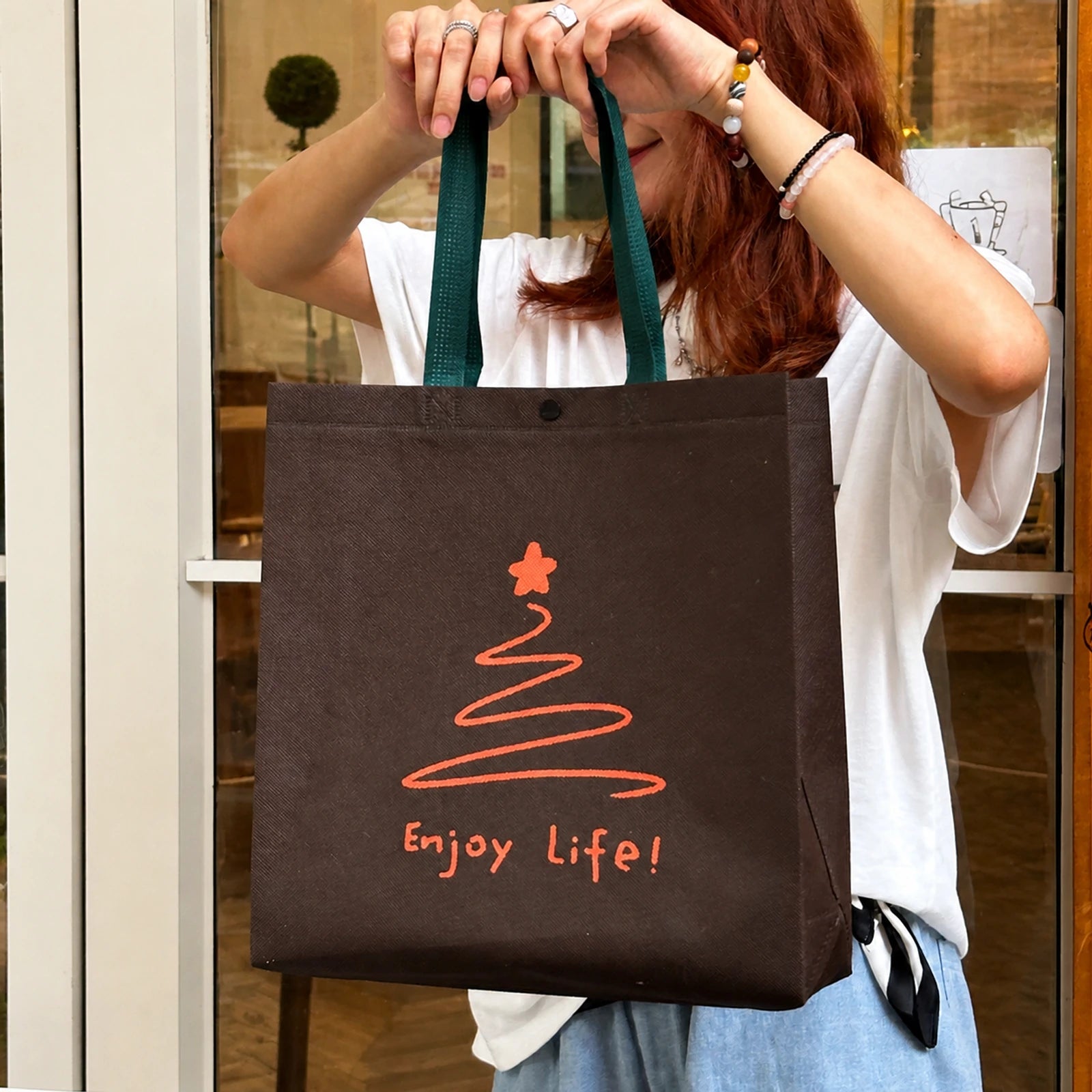 Boutique Non-Woven Tote Bags — 6 Styles — Coffee Brown with Green Handles Print