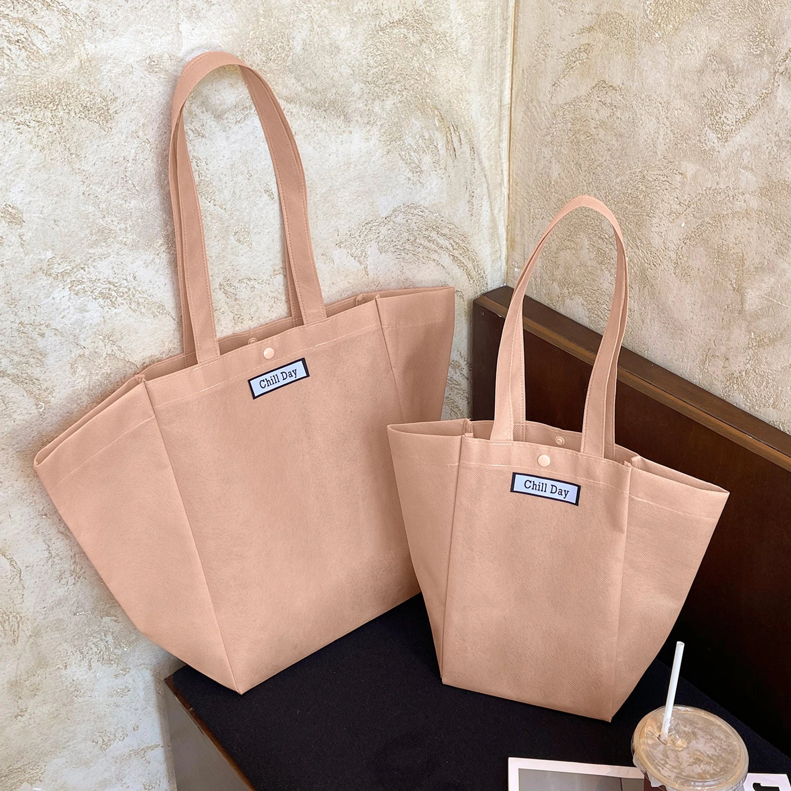 Boutique Non-Woven Tote Bags — 6 Styles — Light Pink Tote+Woven Label Patch