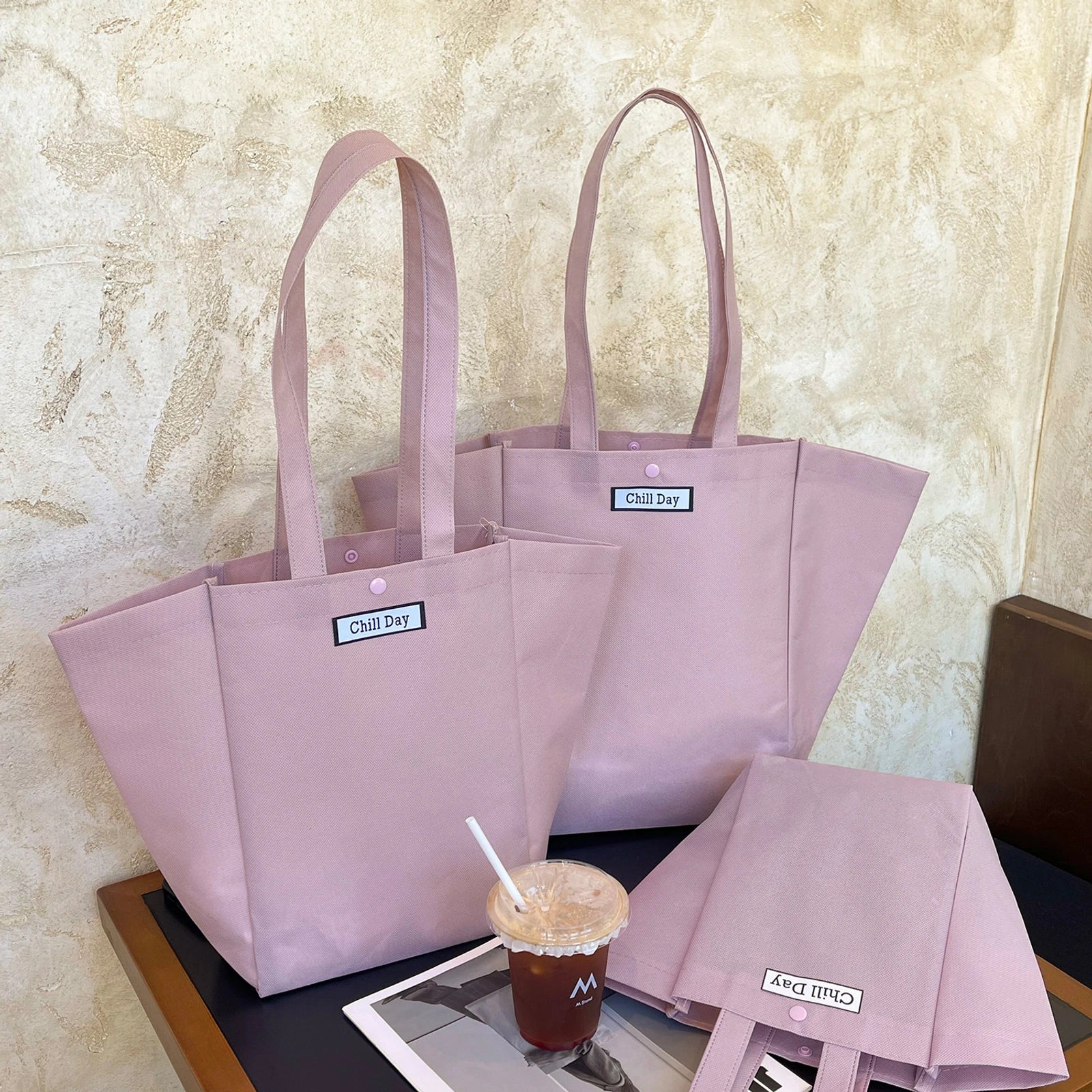 Boutique Non-Woven Tote Bags — 6 Styles — Light Purple Trapezoid Tote+Woven Label Patch