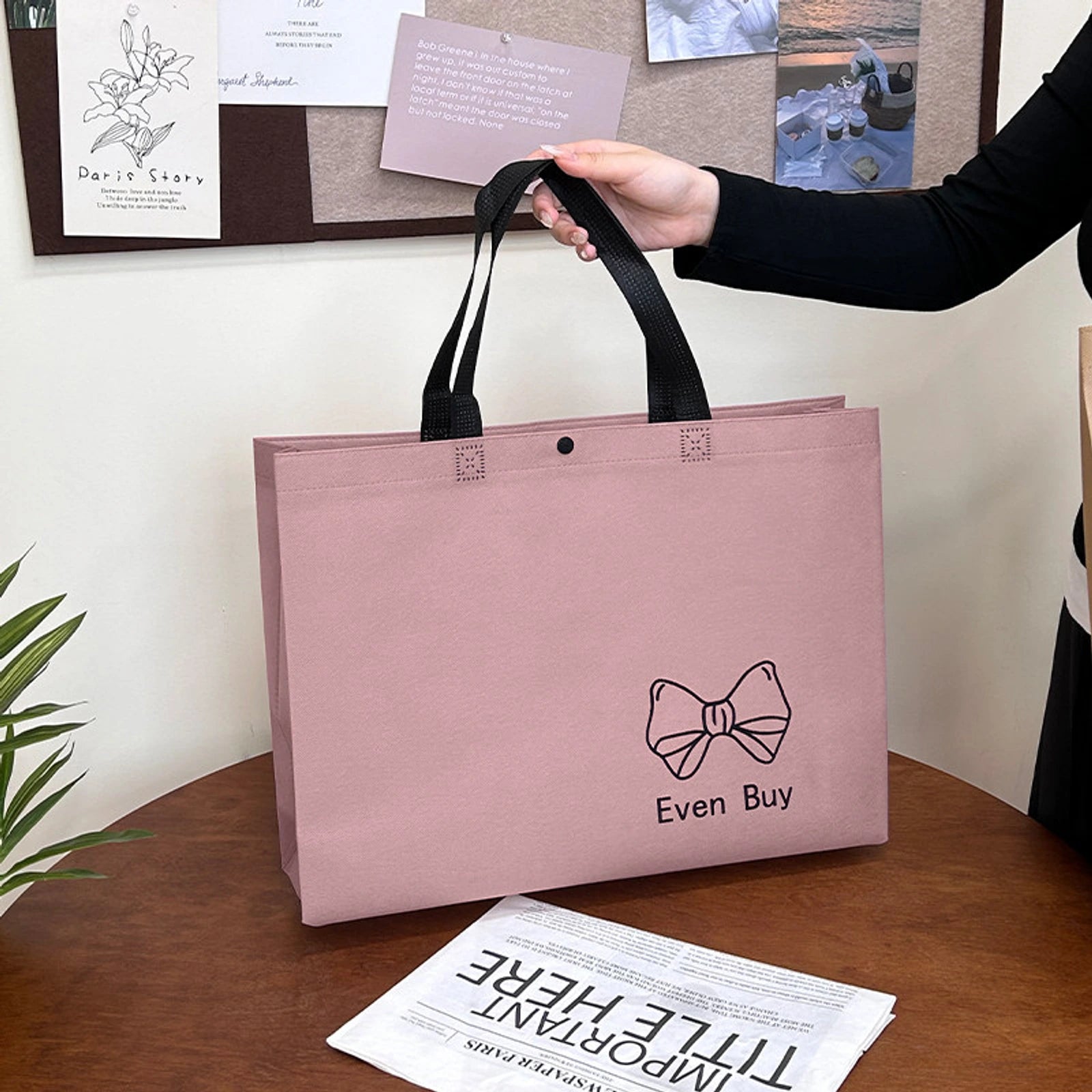 Boutique Non-Woven Tote Bags — 6 Styles — Pink Purple Bow Print Snap — Closure