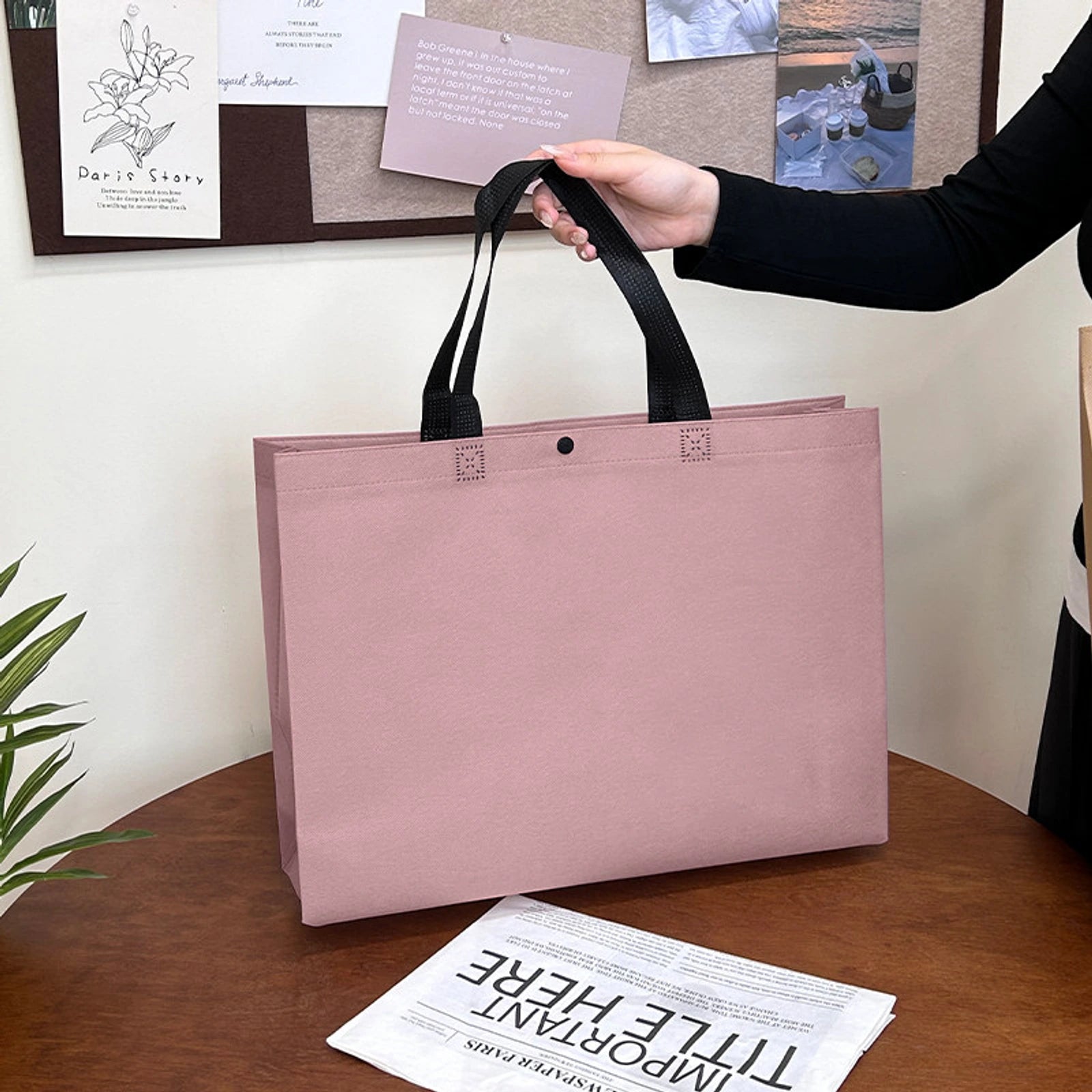 Boutique Non-Woven Tote Bags — 6 Styles — Pink Purple Plain Snap — Closure