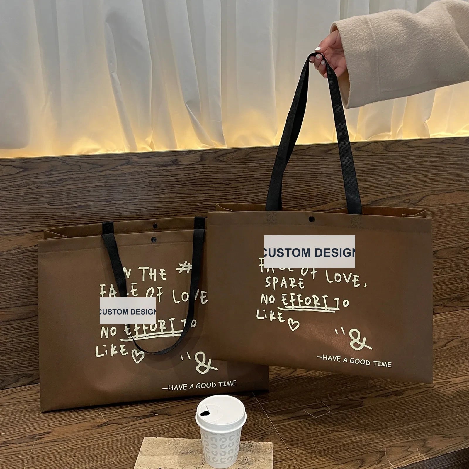 Boutique Non-Woven Tote Bags — 7 Styles — Brown Happy Life Print Webbing Handles Tote