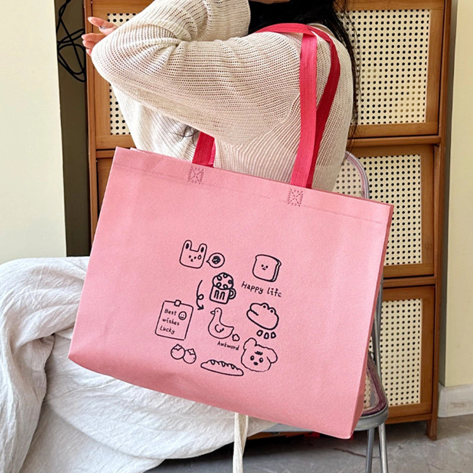 Boutique Non-Woven Tote Bags — 8 Styles — Blush Pink — Bread Bear Print