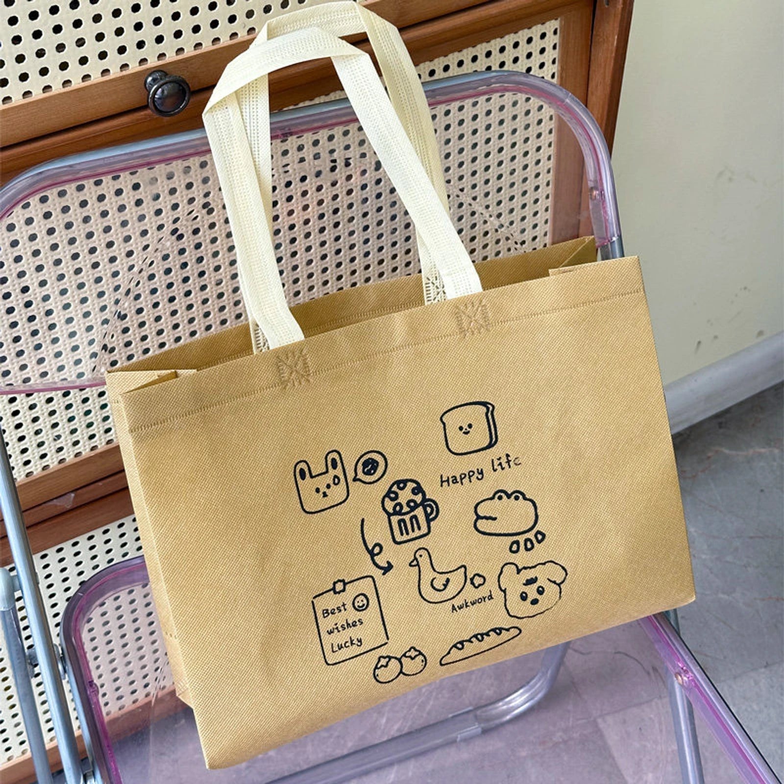 Boutique Non-Woven Tote Bags — 8 Styles — Light Khaki — Bread Bear Print
