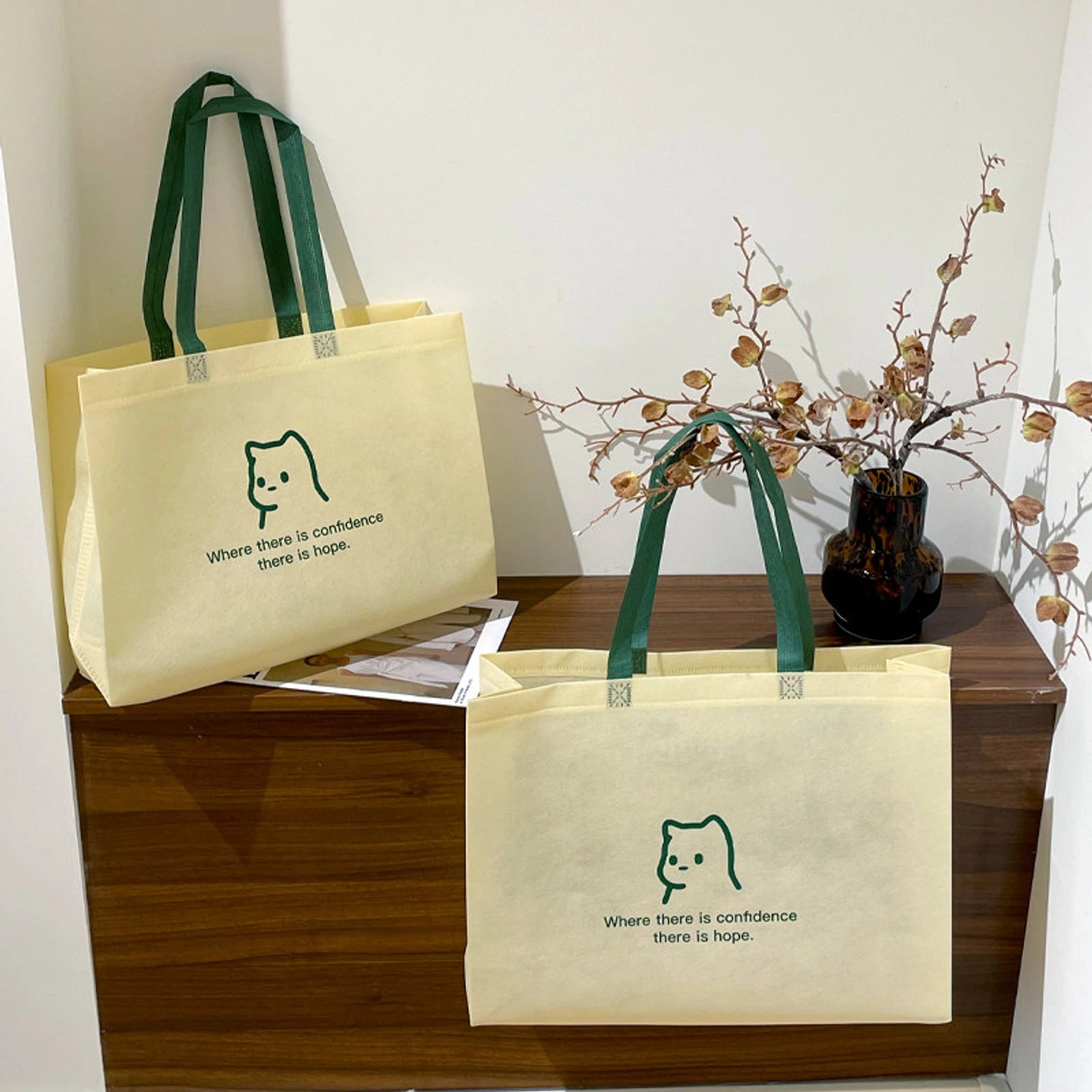 Boutique Non-Woven Tote Bags — 9 Styles — Beige — Green Puppy Print