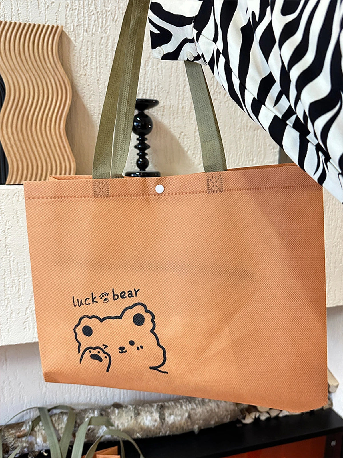 Boutique Non-Woven Tote Bags — 9 Styles — Caramel — Bear Print, Snap Closure