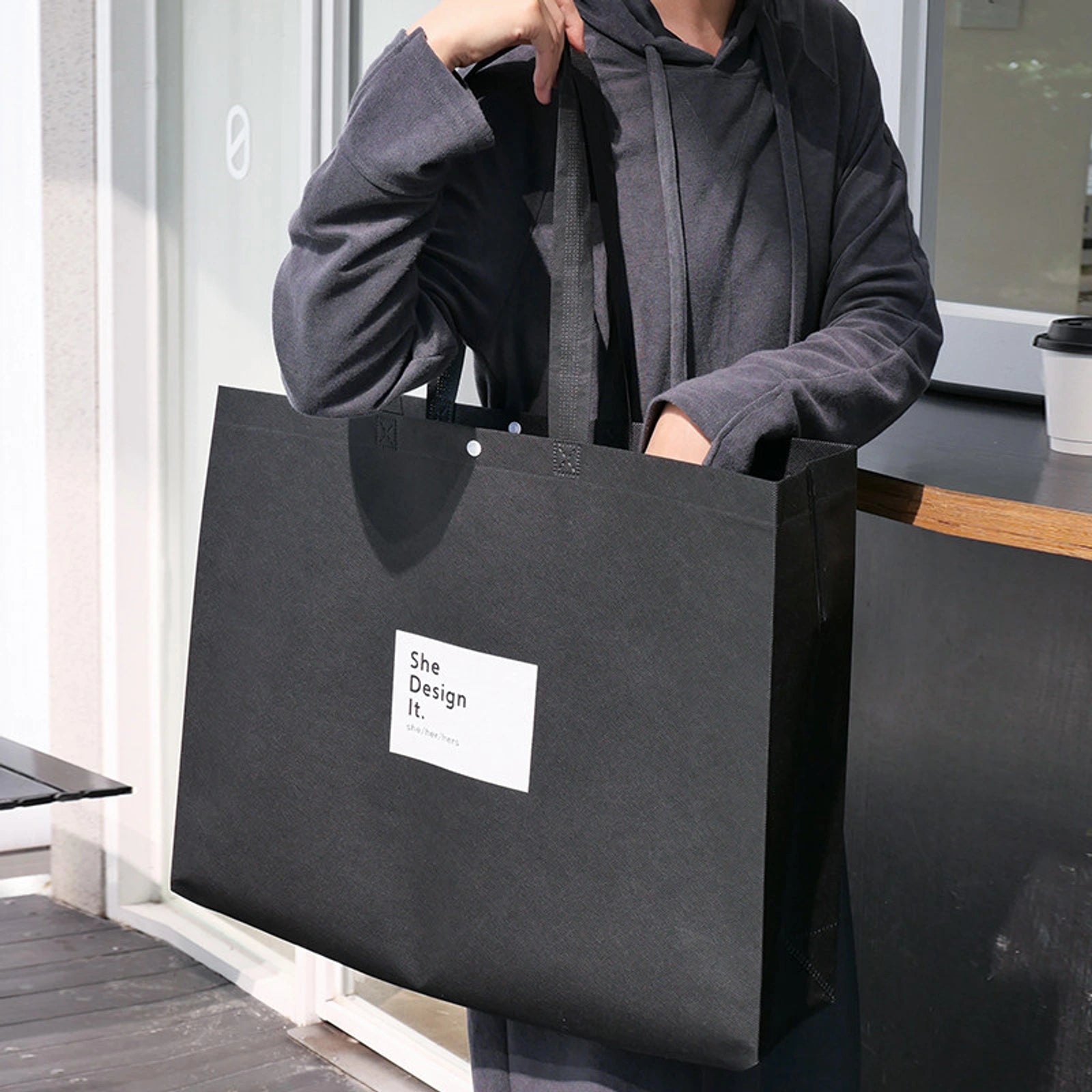 Boutique Non-Woven Tote Bags — 9 Styles — Gusseted — Black with White Print