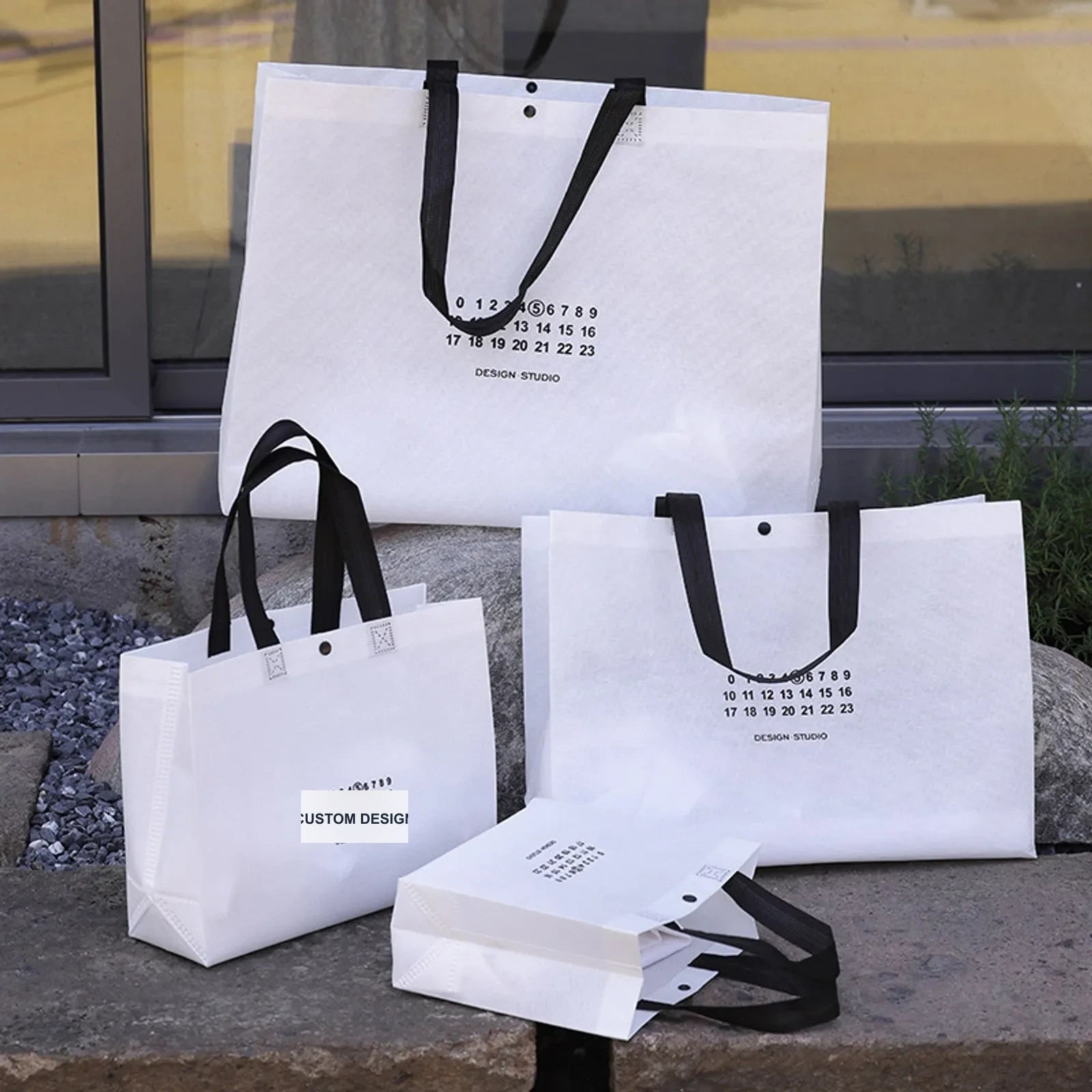 Boutique Non-Woven Tote Bags — 9 Styles — Gusseted — White with Black Print