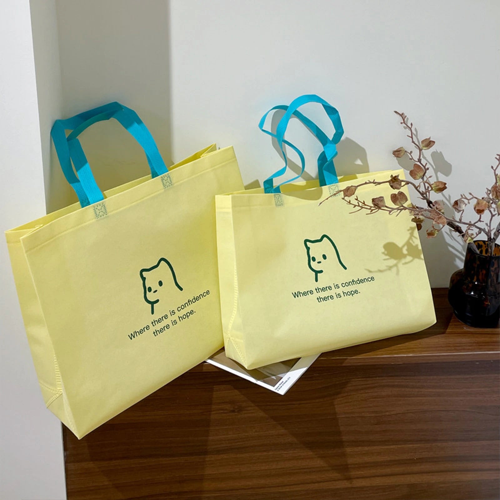Boutique Non-Woven Tote Bags — 9 Styles — Lemon Yellow — Green Puppy Print