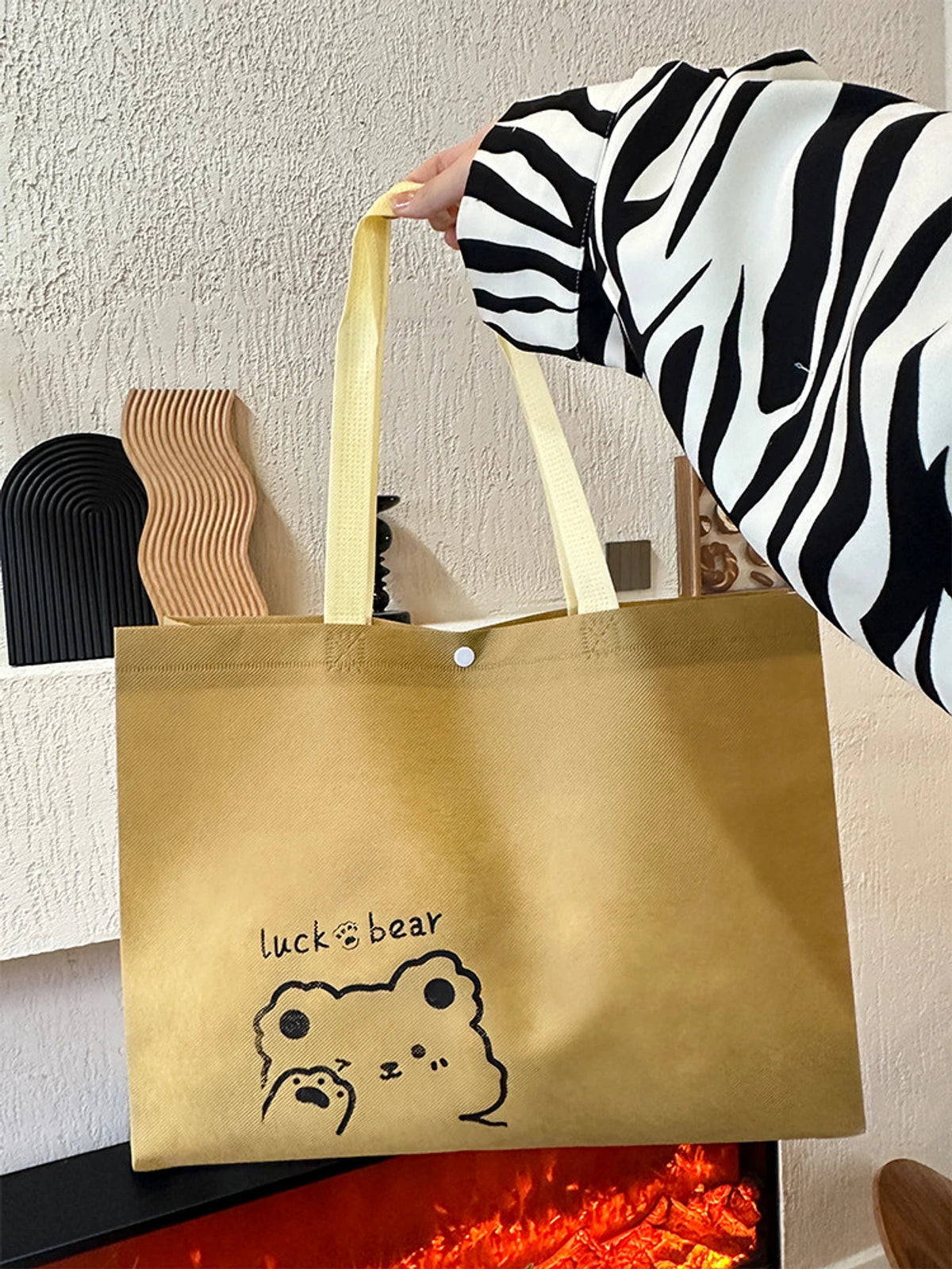 Boutique Non-Woven Tote Bags — 9 Styles — Light Khaki — Bear Print, Snap Closure