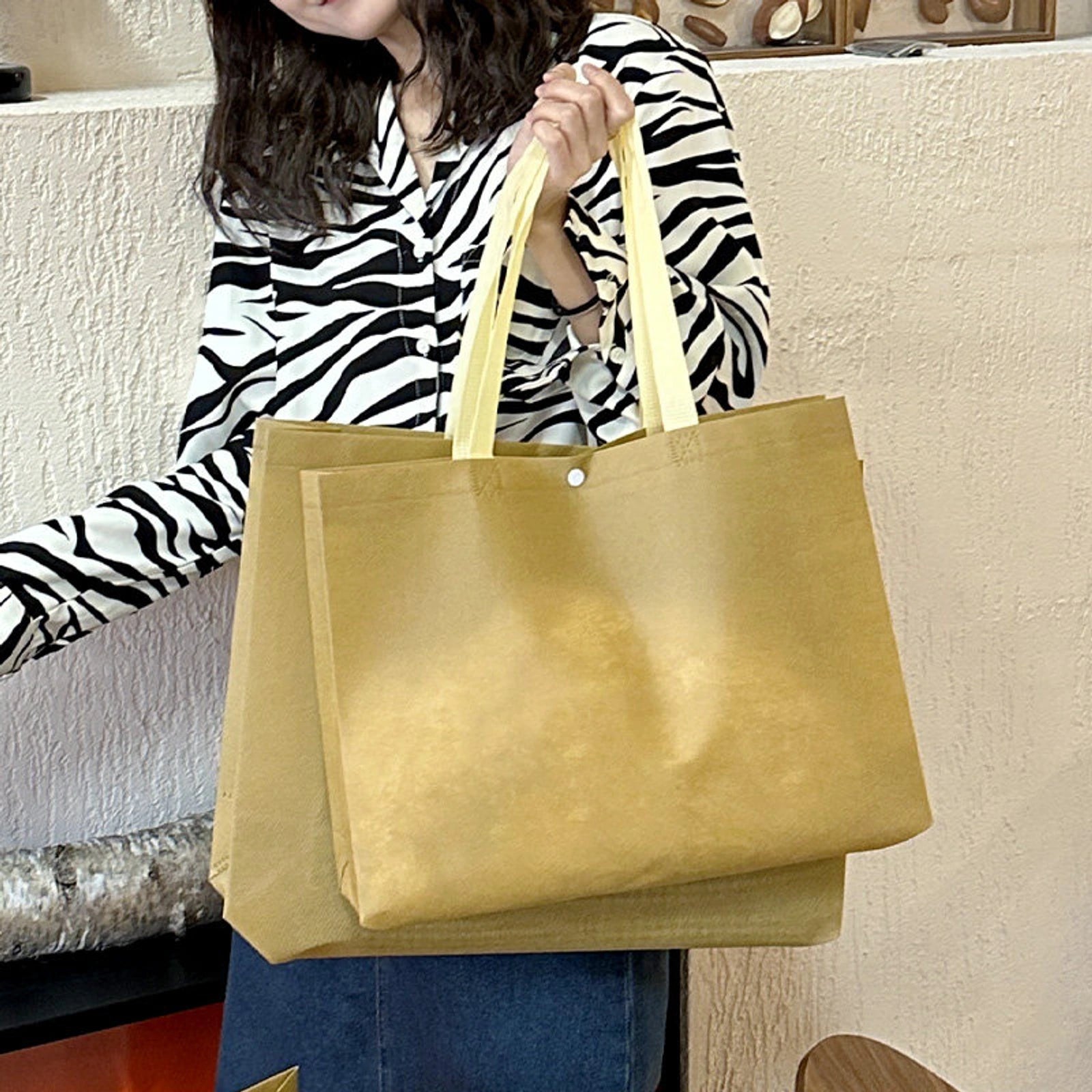 Boutique Non-Woven Tote Bags — 9 Styles — Light KhakiSnap Closure