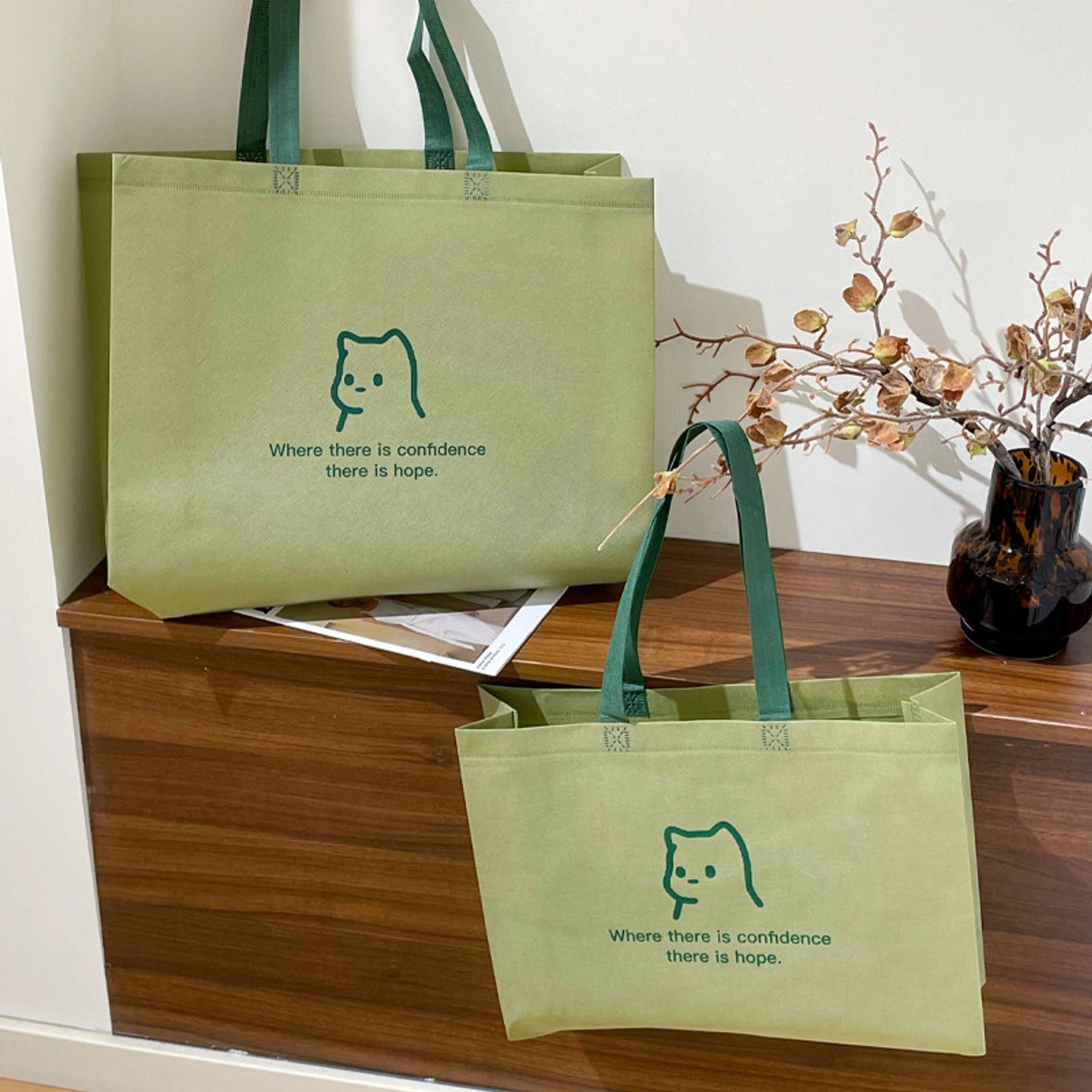 Boutique Non-Woven Tote Bags — 9 Styles — Matcha Green — Green Puppy Print