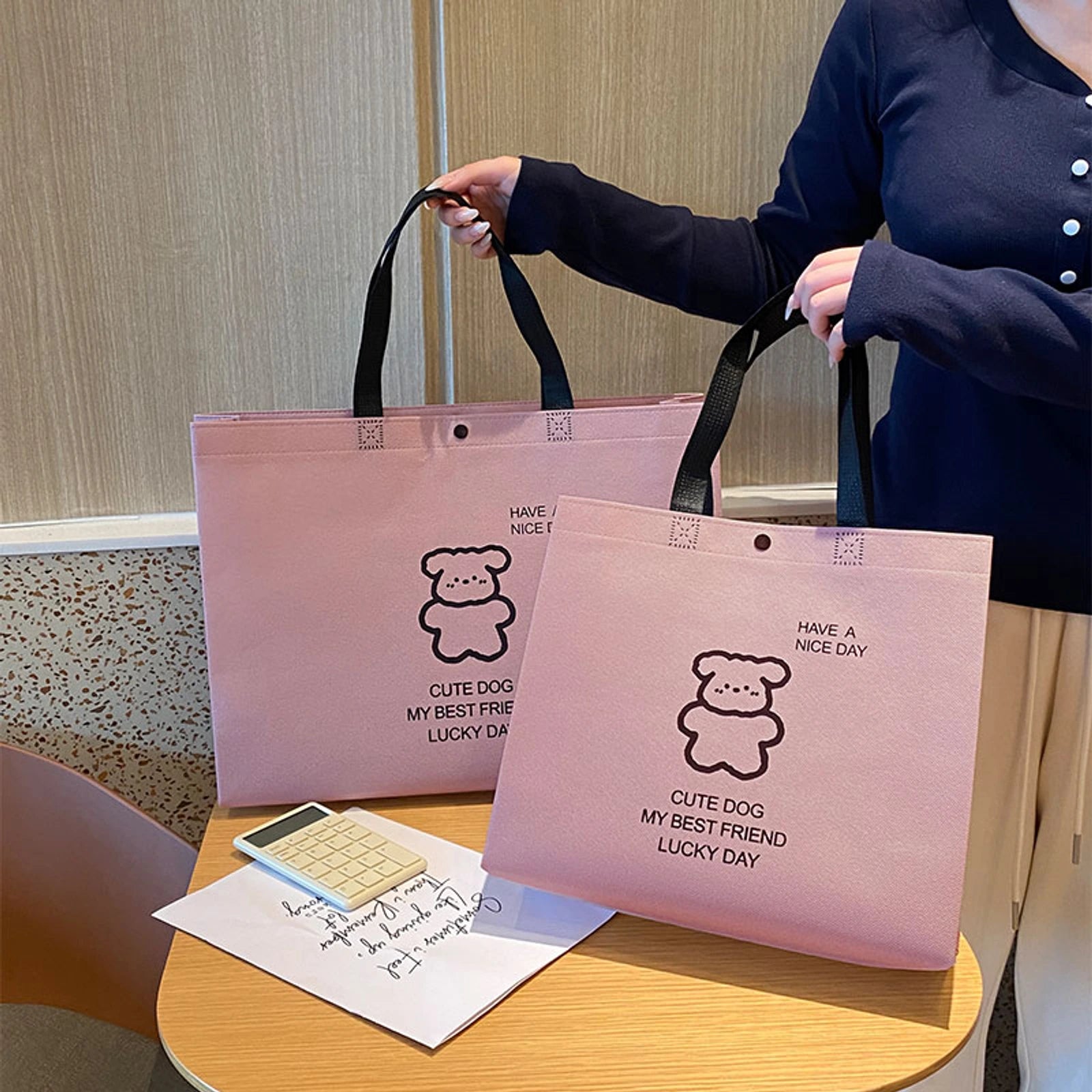 Boutique Non-Woven Tote Bags — 9 Styles — Puppy Print Light Purple Tote