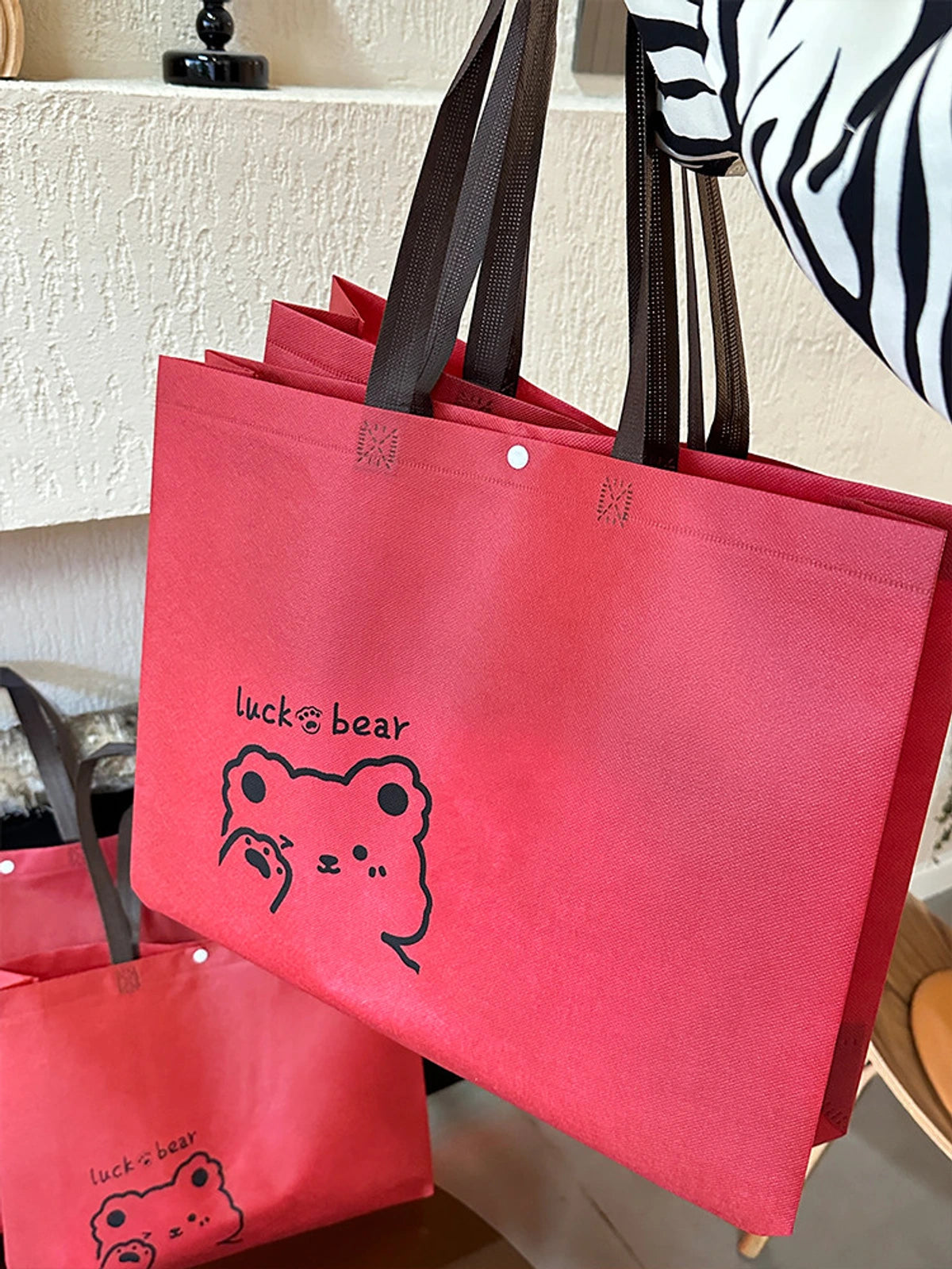 Boutique Non-Woven Tote Bags — 9 Styles — Red — Bear Print, Snap Closure