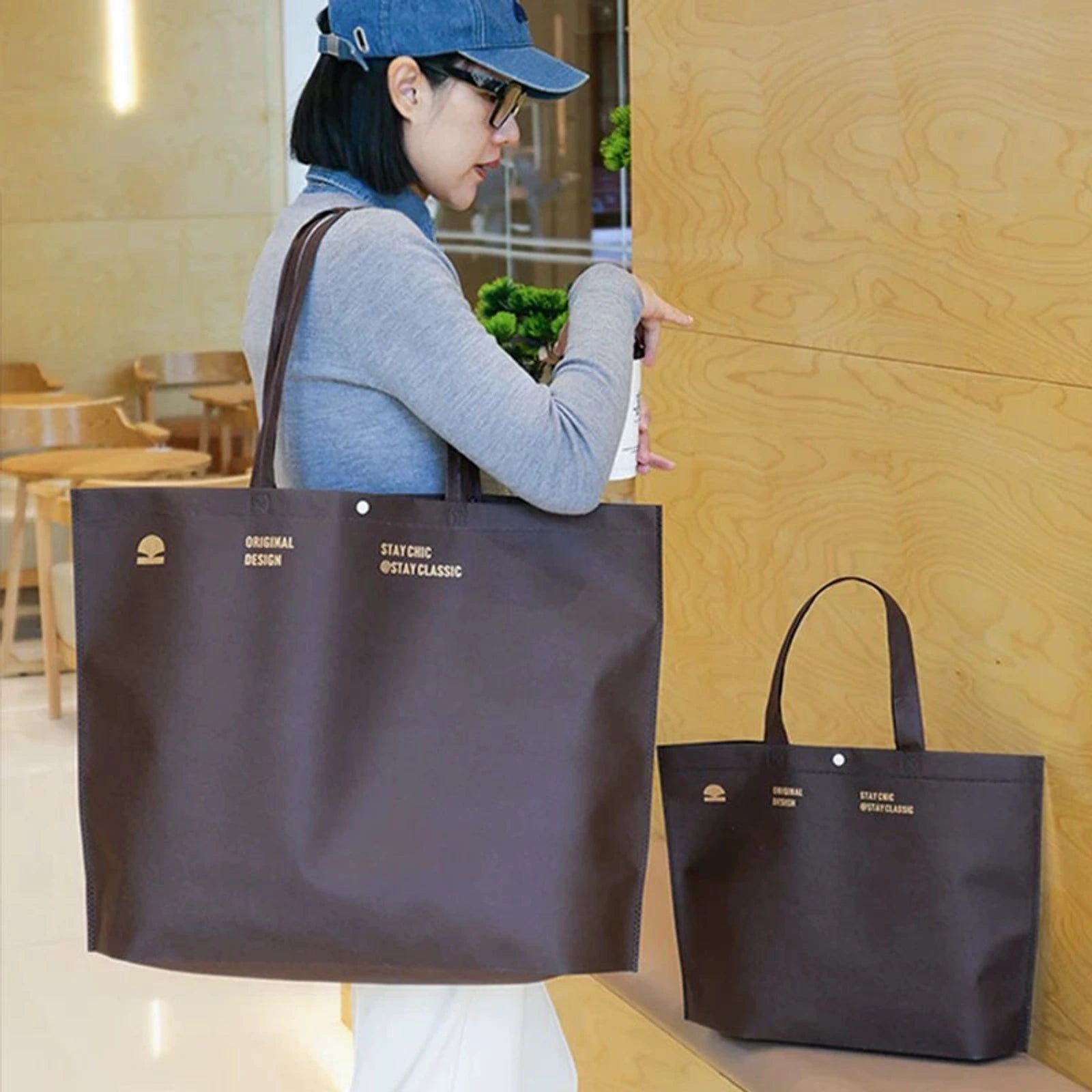 Bow Print Large-Capacity Non-Woven Tote Bags — 12 Styles — Large — Capacity — Coffee Brown