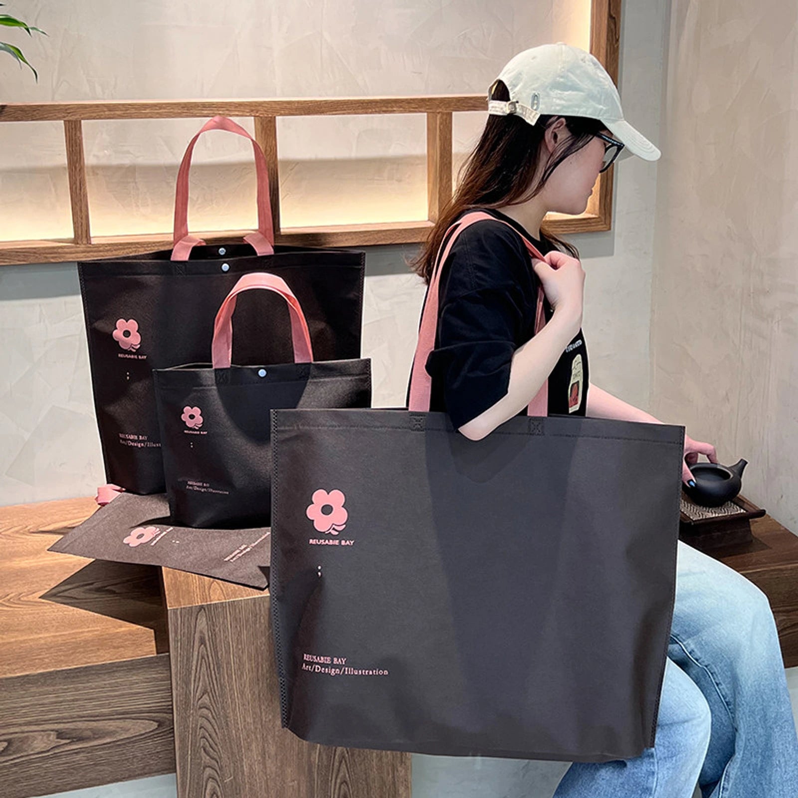 Bow Print Large-Capacity Non-Woven Tote Bags — 12 Styles — Large — Capacity — Coffee PinkSmall Floral Print