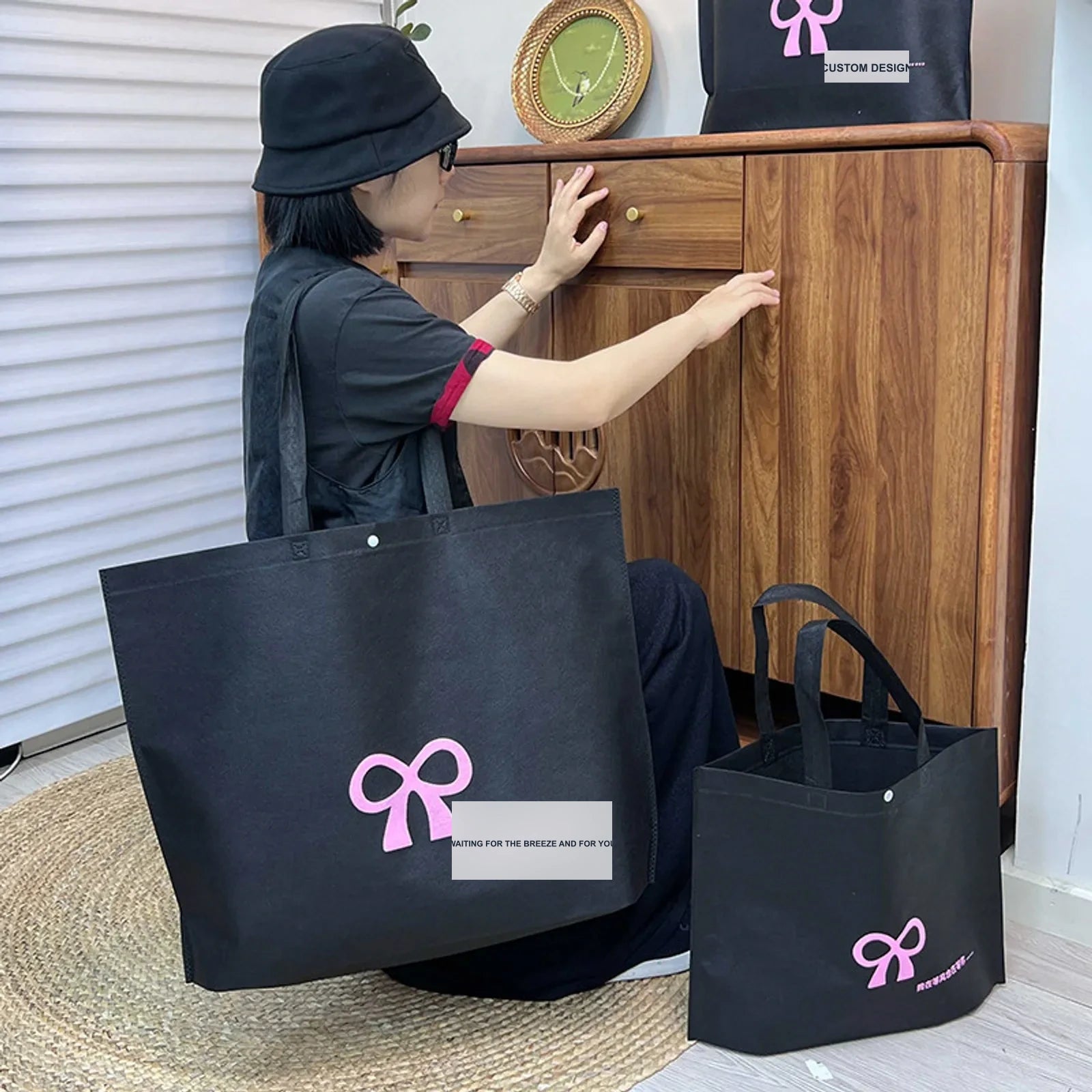 Bow Print Large-Capacity Non-Woven Tote Bags — 12 Styles — Large — Capacity — PinkBow Print