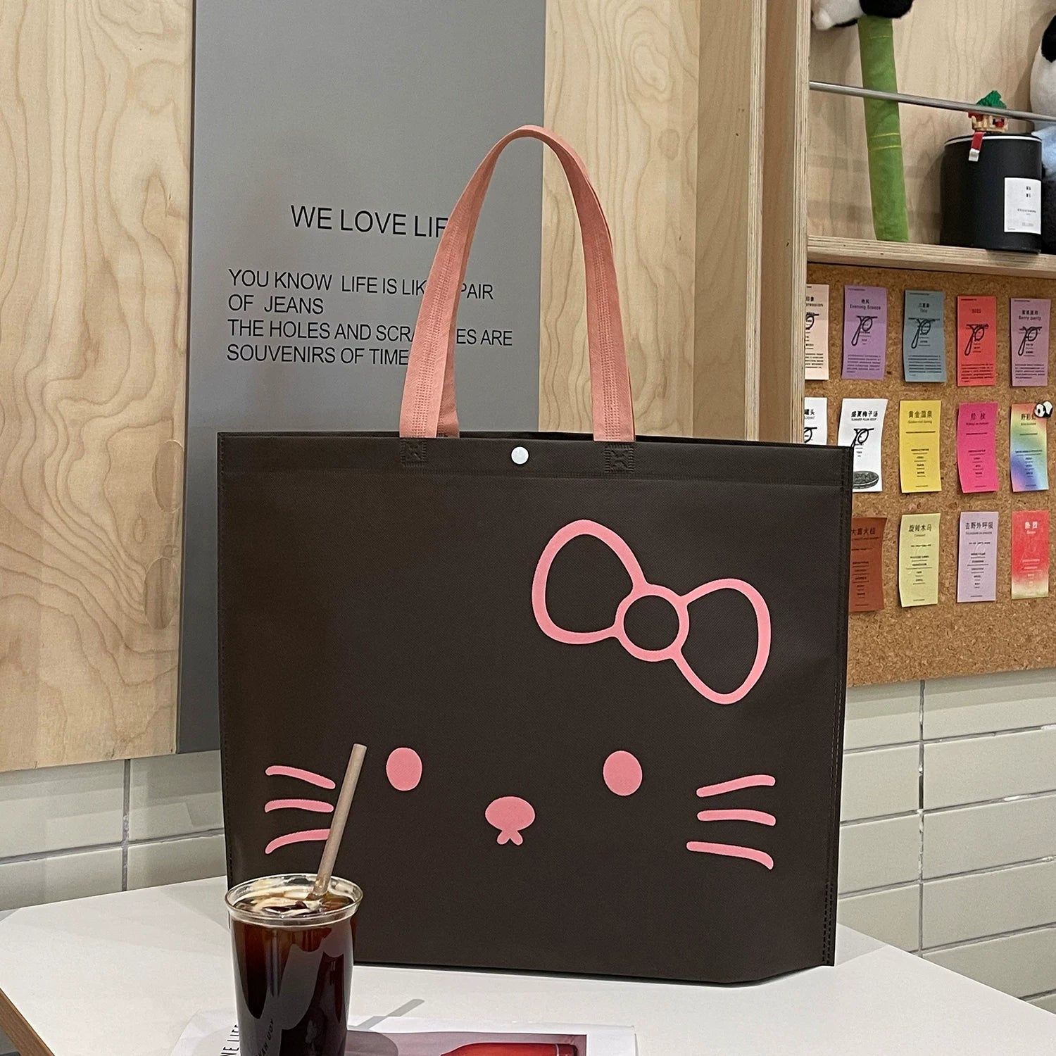 Coffee Brown Bow Cat custom non-woven tote bag