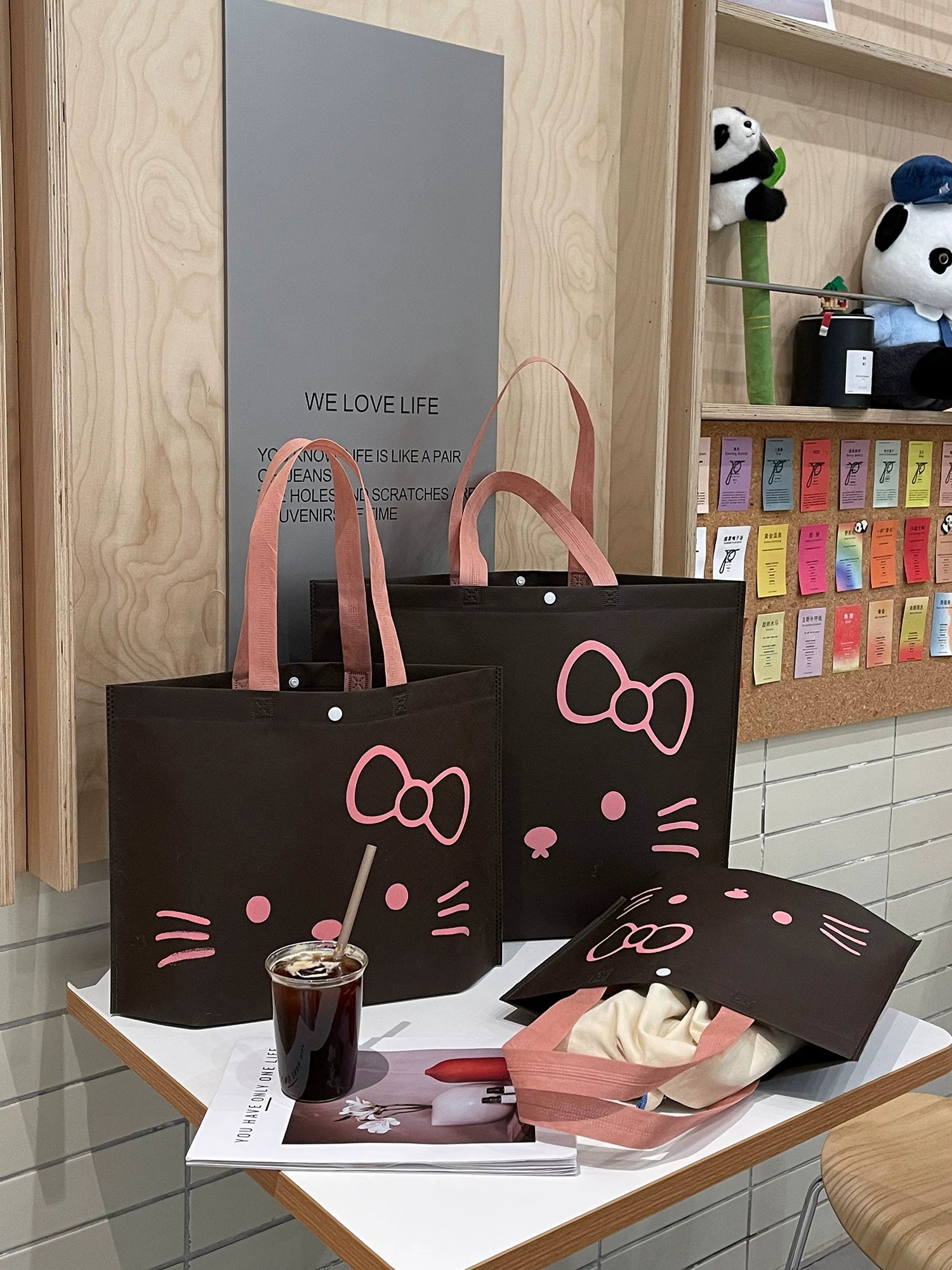 Coffee brown bow-cat non-woven tote bags for retail and gifts