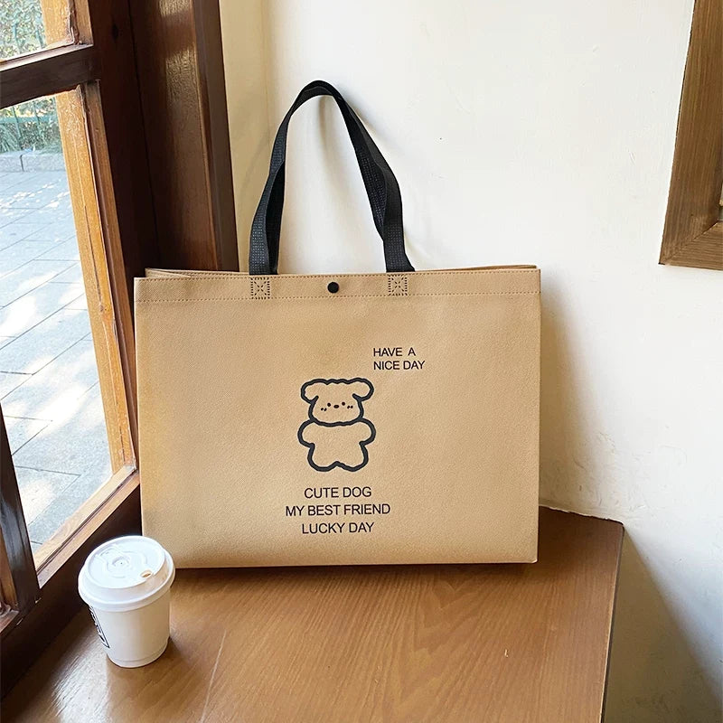 Brown dog-print snap-button non-woven tote bag