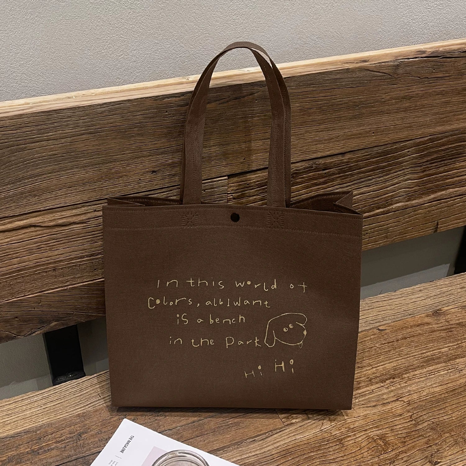 Brown – HiHi Dog snap-closure non-woven tote bag