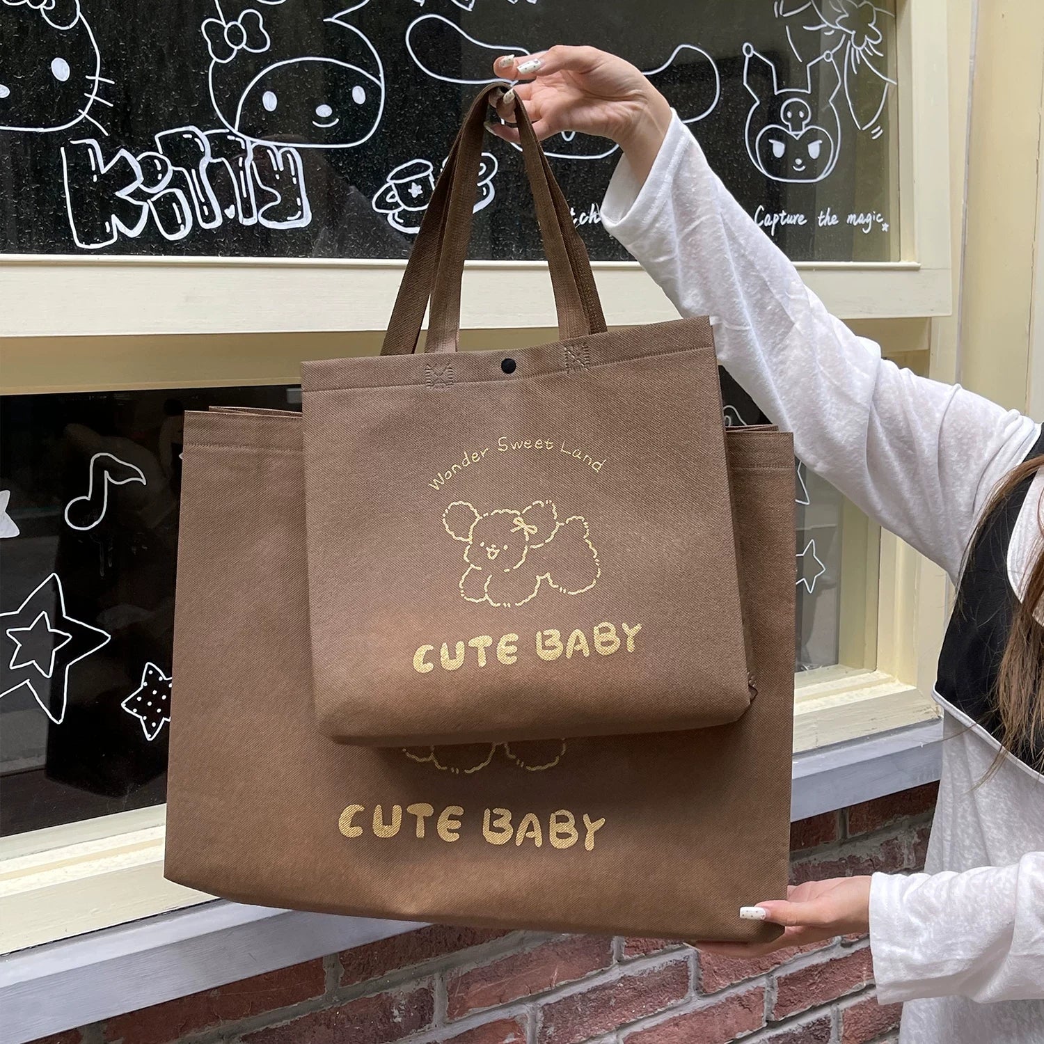 Brown – Yarn Dog Print structured non-woven tote bag