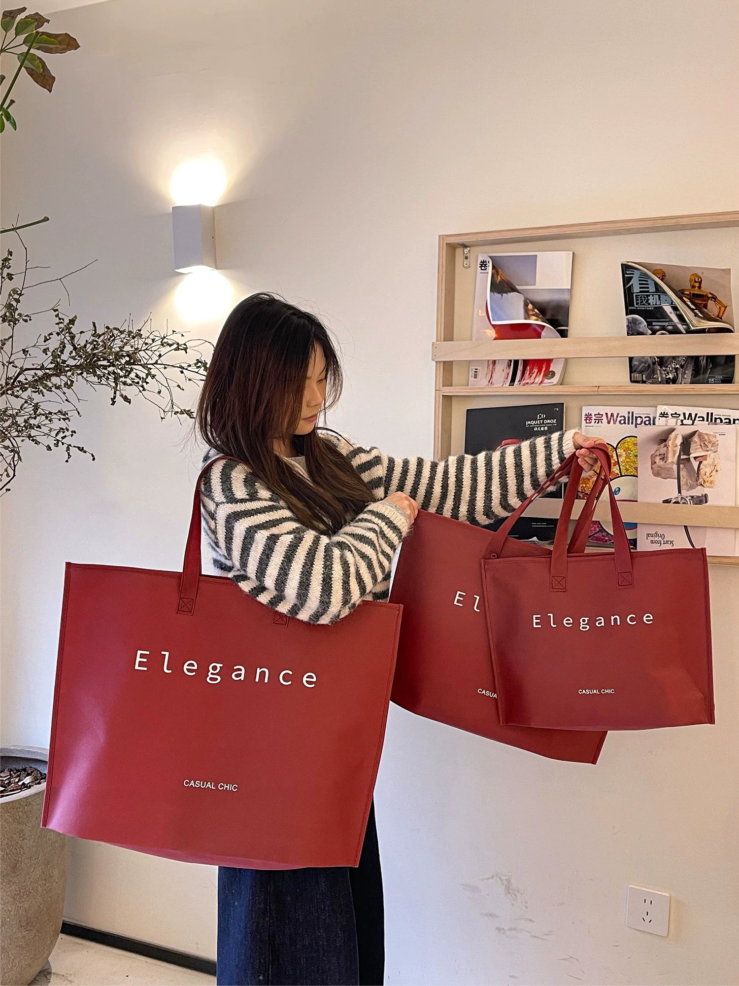 Burgundy zipper non-woven tote bags in two large retail sizes