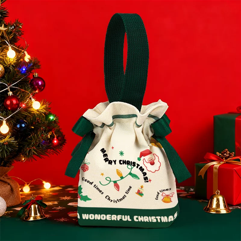 Green soft-fabric Christmas drawstring gift pouch with loop handle and Christmas Puzzle sample design