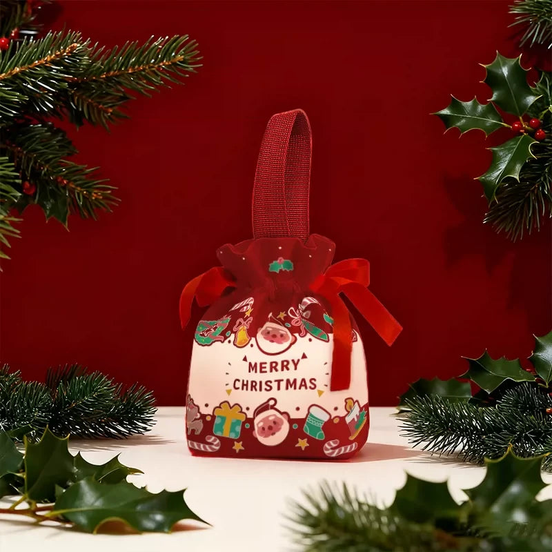 Red canvas Christmas drawstring gift pouch with loop handle and Merry Christmas design