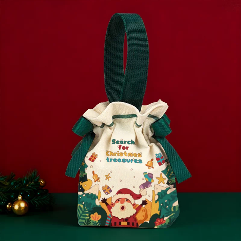 Green soft-fabric Christmas drawstring gift pouch with loop handle and Christmas Treasures sample design