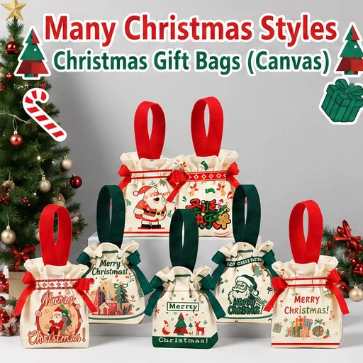 Ready-stock canvas Christmas drawstring gift bags in multiple festive styles