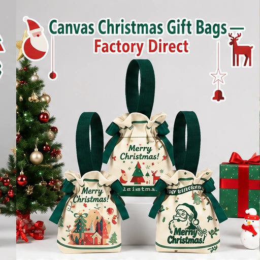 Canvas Christmas drawstring gift bags with loop handles and ribbon closures