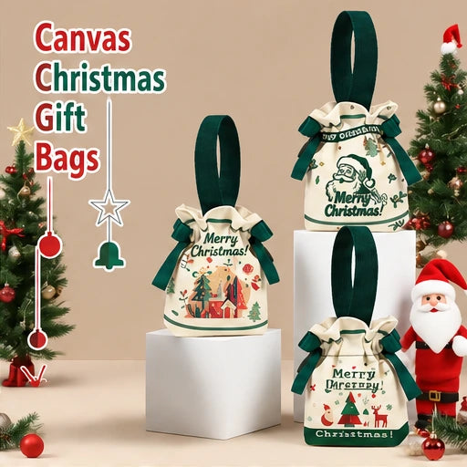Green canvas Christmas drawstring gift bags with loop handles