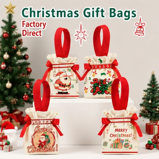 Red canvas Christmas drawstring gift bags with loop handles