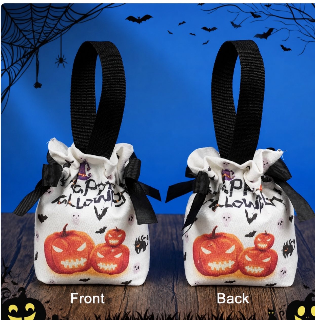 Black-ribbon pumpkin canvas Halloween drawstring treat pouch, small