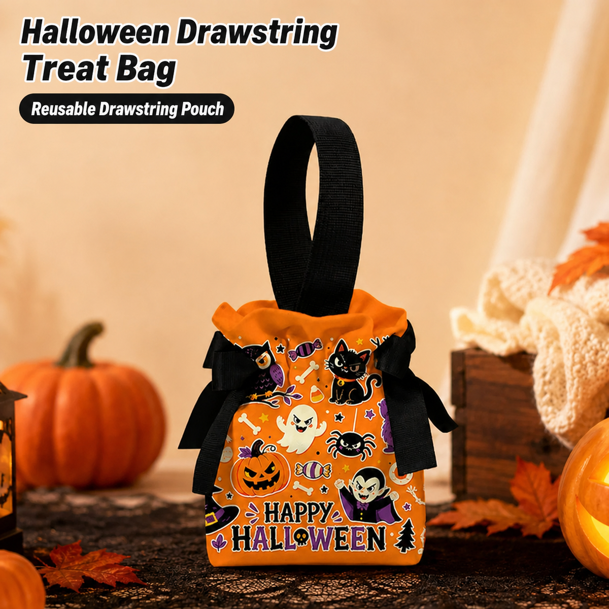 Orange ghost and spider canvas Halloween drawstring treat pouch