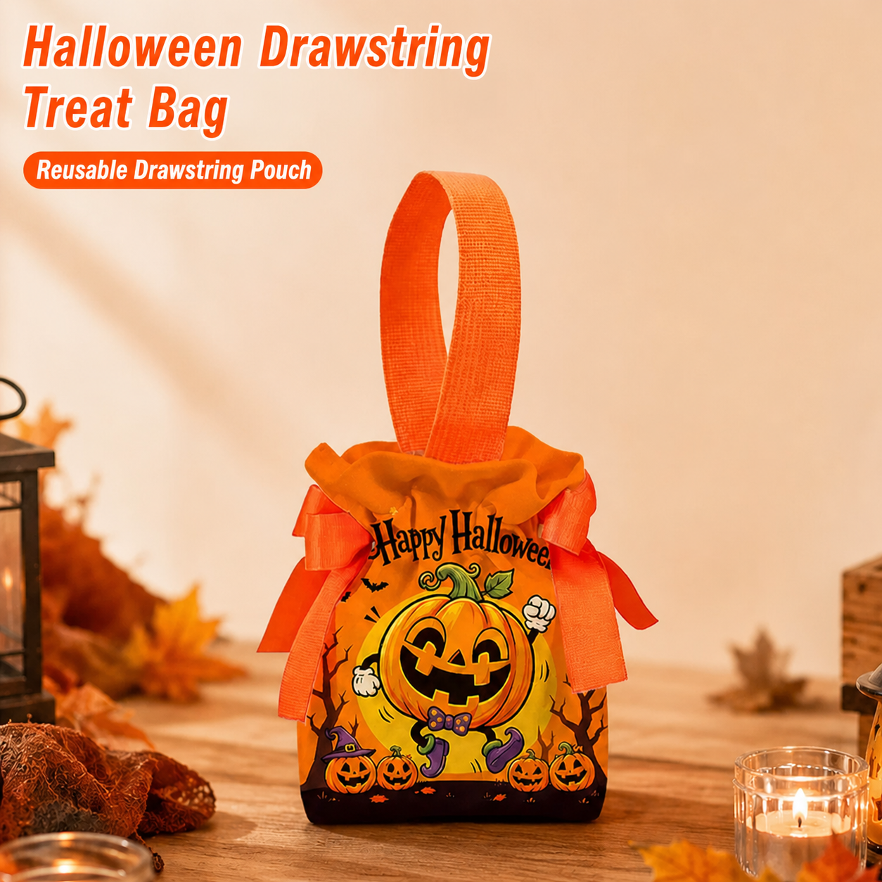 Orange pumpkin canvas Halloween drawstring treat pouch