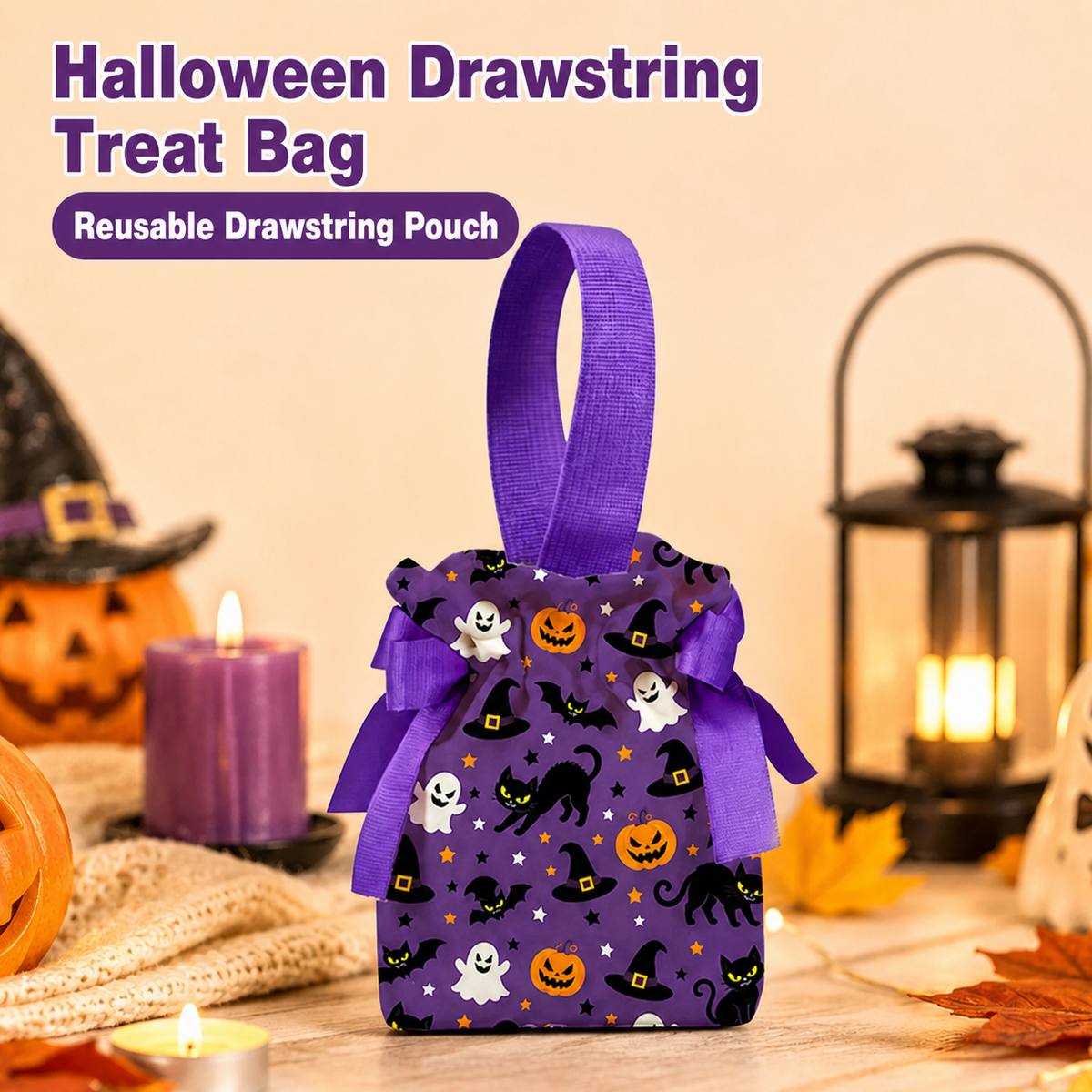 Purple black-cat canvas Halloween drawstring treat pouch