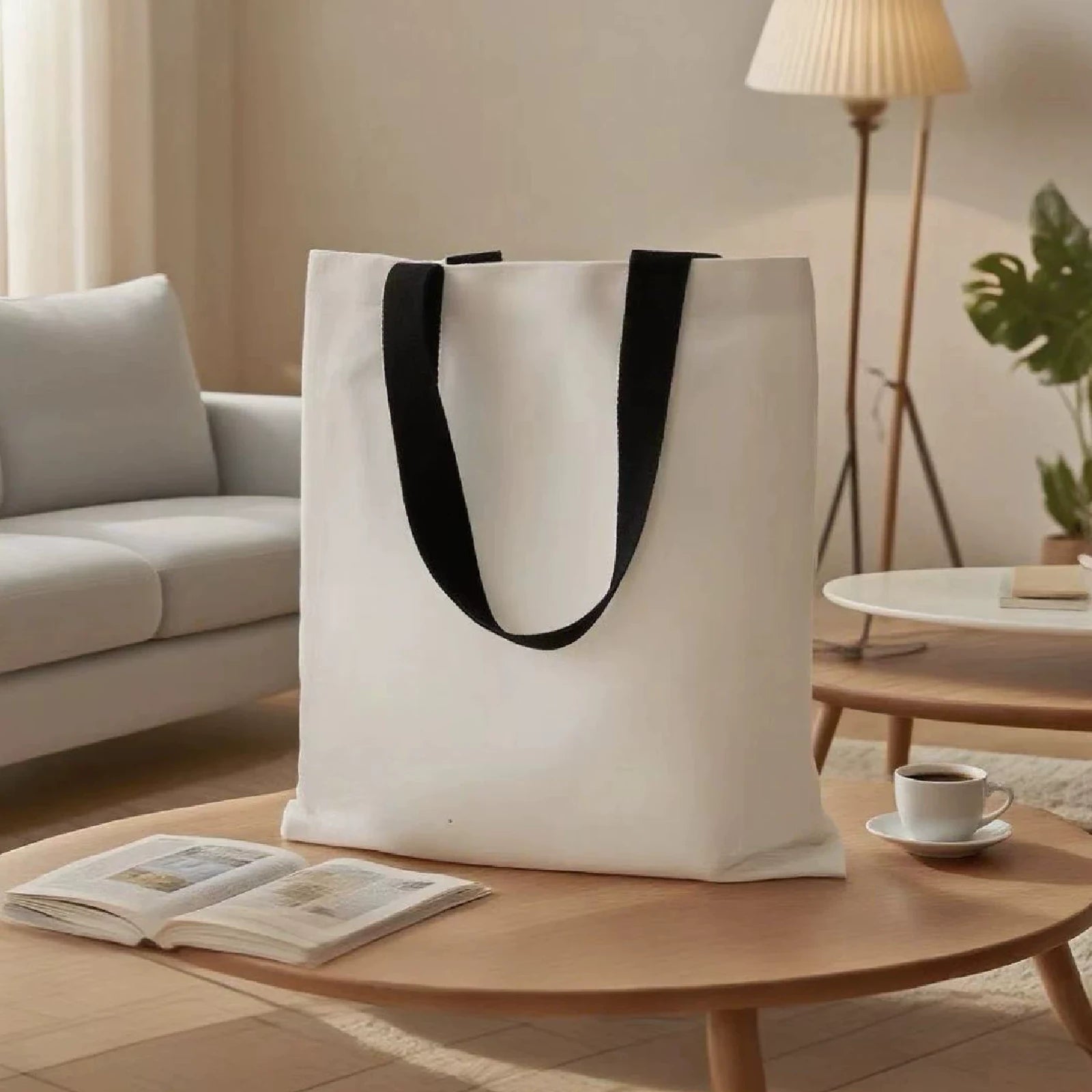Black webbing-handle canvas tote bag