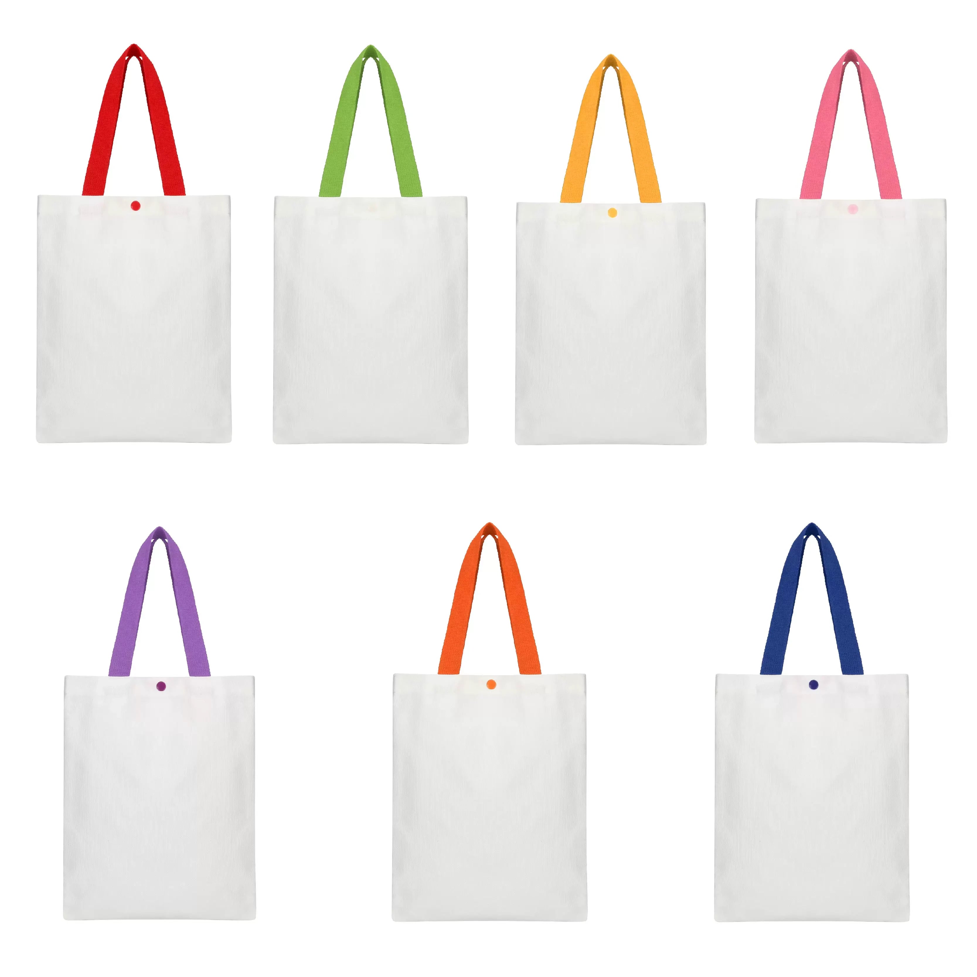 White canvas tote bag color-handle options with snap closures