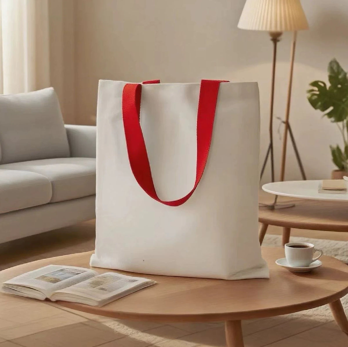 Red webbing-handle canvas tote bag