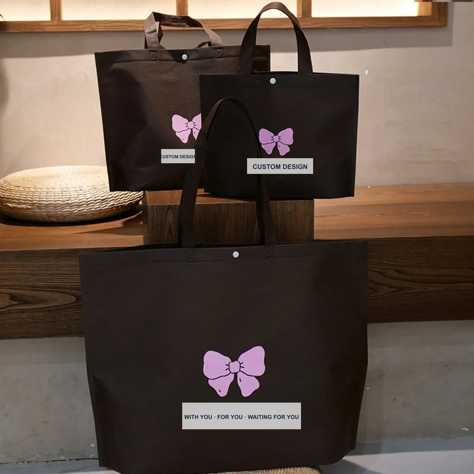 Cedar-Green Non-Woven Tote Bags — 15 Styles — — Coffee BrownPink Print