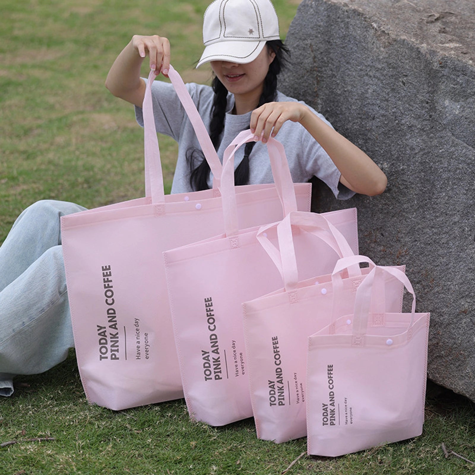 Cedar-Green Non-Woven Tote Bags — 15 Styles — — Sakura PinkCoffee Brown Print