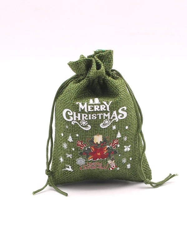 Green Christmas drawstring gift pouch with festive sample artwork