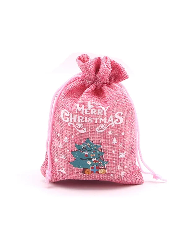 Pink Christmas drawstring gift pouch with tree sample artwork