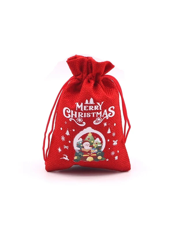 Red Christmas drawstring gift pouch with snow globe sample artwork
